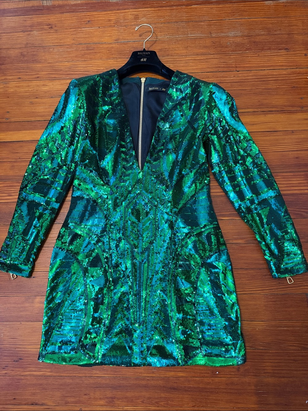 H&M X Balmain Green Sequin V-Neck Mini Dress Size 12